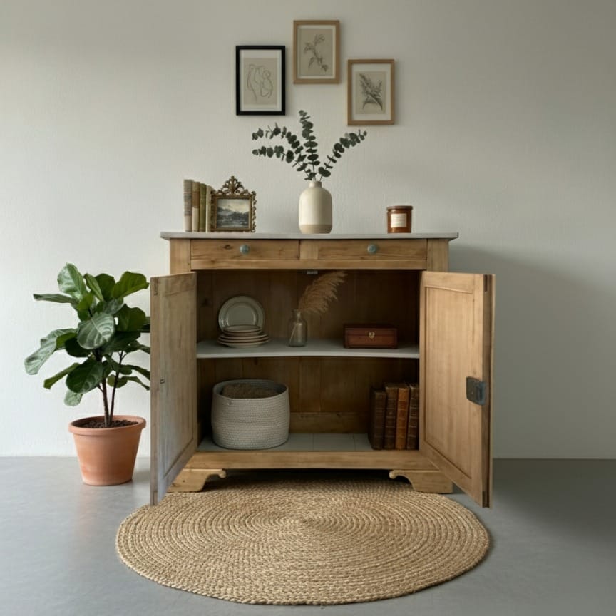 Buffet ancien en chêne massif restauré par aérogommage, finition huilée et plateau peint en blanc grège par notre atelier de Nantes. — photo 2