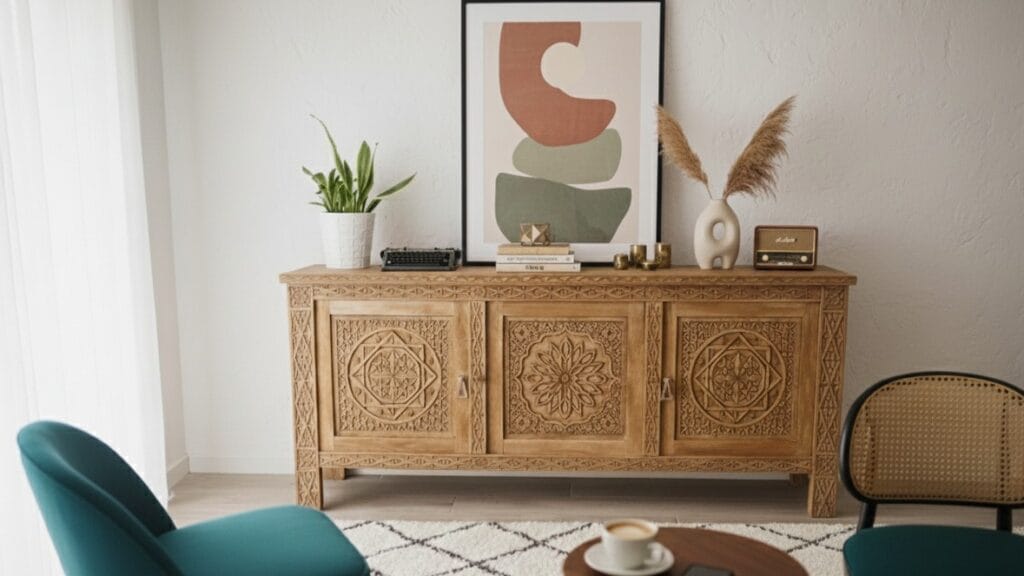 Buffet d'inspiration mauresque en bois naturel après restauration par aérogommage, avec motifs sculptés et pieds modernisés. — photo 2