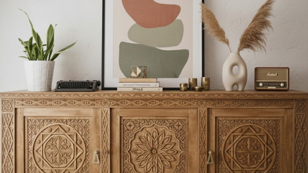 Buffet d'inspiration mauresque en bois naturel après restauration par aérogommage, avec motifs sculptés et pieds modernisés. — photo 3