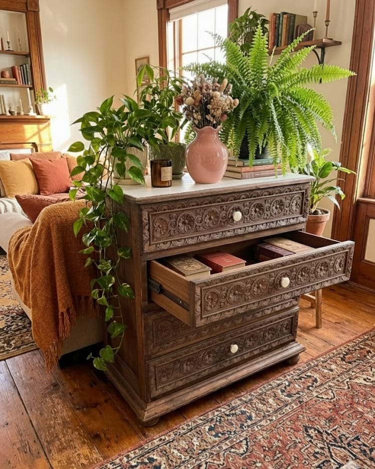 Commode bretonne en chêne massif après restauration par aérogommage, avec plateau peint en noir et sculptures en bois naturel. — photo 2
