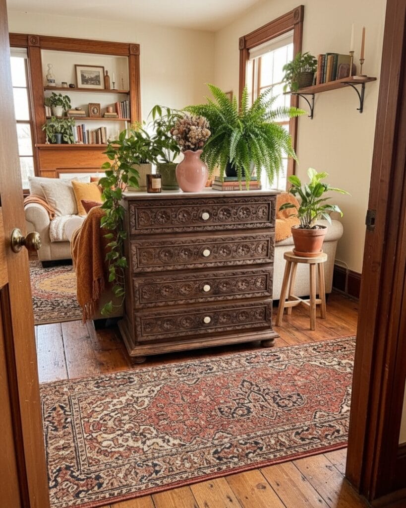 Commode bretonne en chêne massif après restauration par aérogommage, avec plateau peint en noir et sculptures en bois naturel. — photo 3
