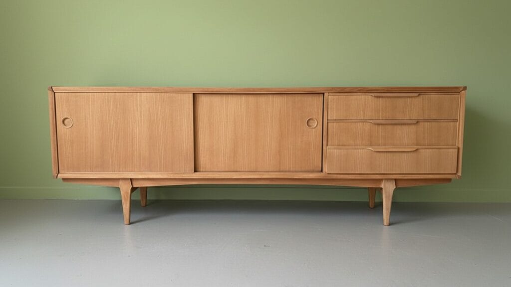 Buffet enfilade scandinave des années 60 en teck après restauration par aérogommage, montrant le grain du bois naturel. — photo 2