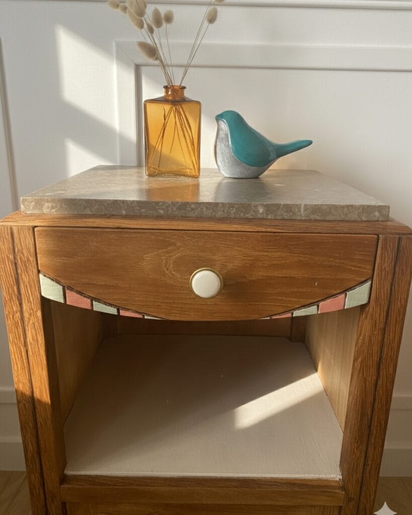 Chevet de style Art Déco en bois et marbre, rénové par aérogommage, avec pieds moustache et porte sculptée, à Nantes. — photo 2
