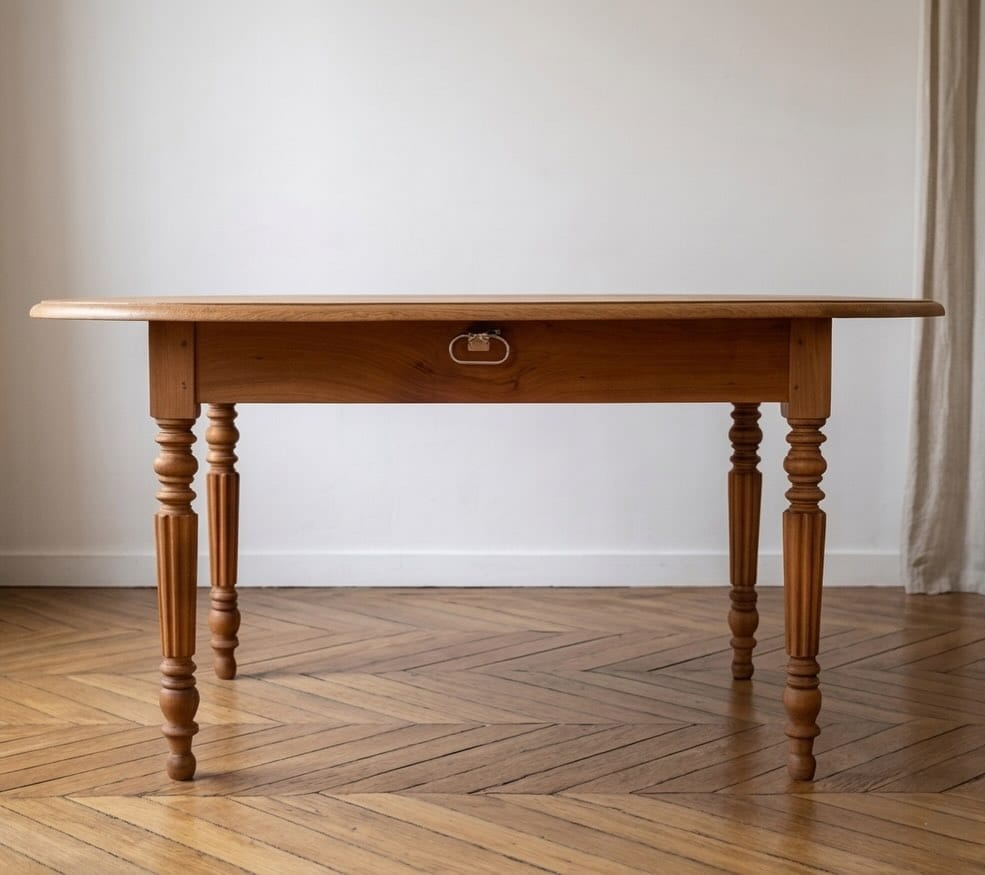 Table de salle à manger ovale en merisier massif restaurée, présentée avec ses trois rallonges sur un parquet. — photo 2
