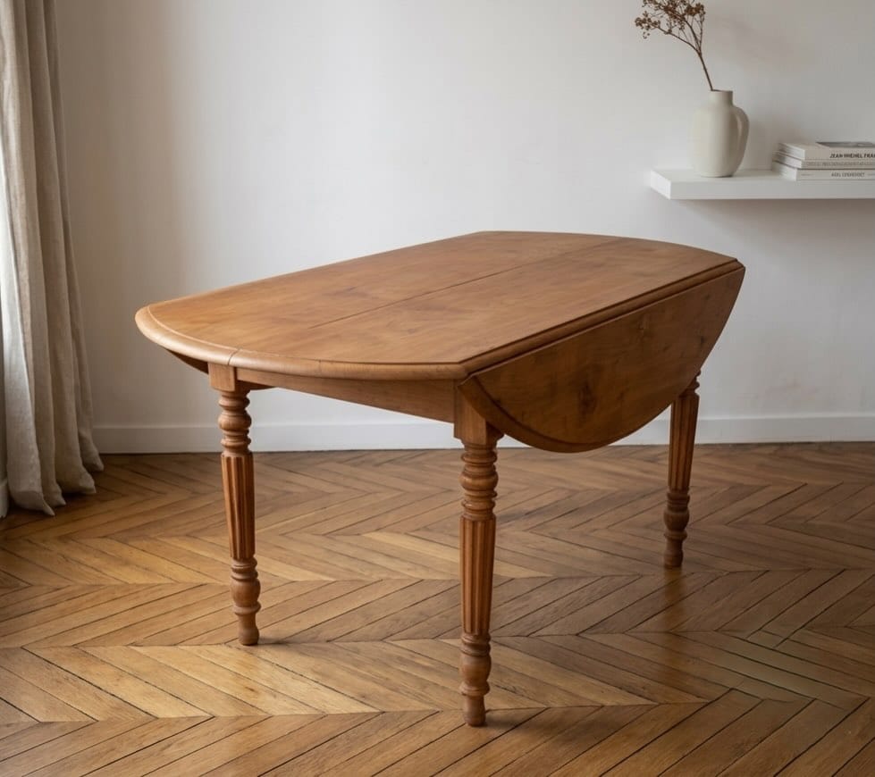 Table de salle à manger ovale en merisier massif restaurée, présentée avec ses trois rallonges sur un parquet. — photo 3