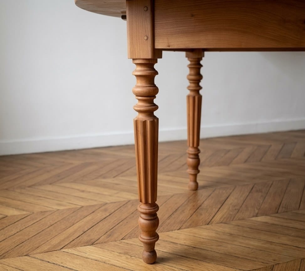 Table de salle à manger ovale en merisier massif restaurée, présentée avec ses trois rallonges sur un parquet. — photo 4
