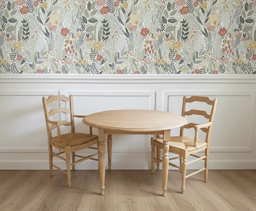 Table ronde en merisier et deux fauteuils en osier restaurés par aérogommage et vitrification, avant/après.