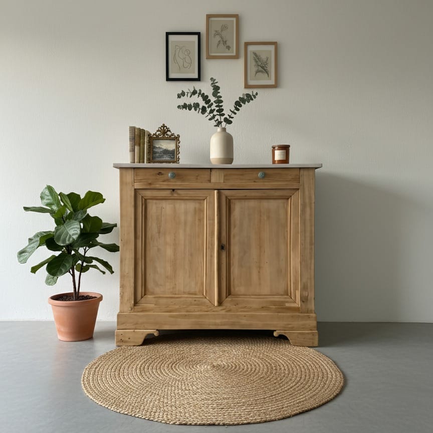 Buffet en chêne massif restauré par aérogommage et relooking à Vertou, avec tiroirs tapissés et intérieur blanc grège.