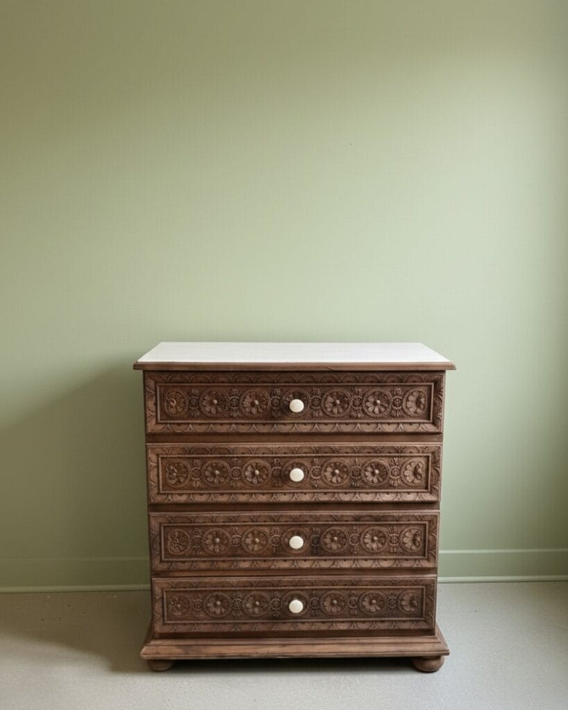 Commode bretonne restaurée par aérogommage à Vertou, plateau peint et motifs traditionnels