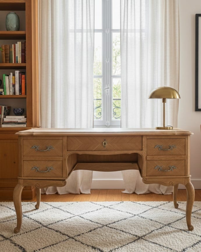 Bureau Louis XV restauré par aérogommage basse pression à Vertou, avant et après, montrant le bois naturel blond