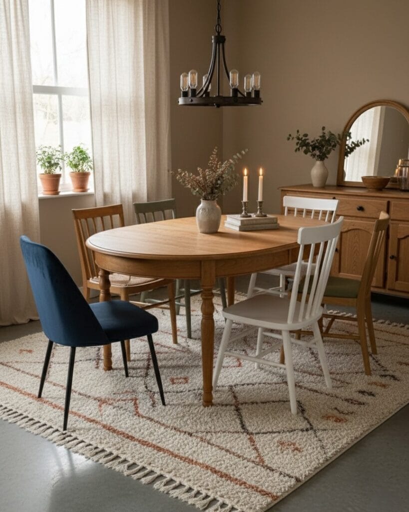 Table ovale en merisier restaurée par aérogommage, finition vitrifiée mate, avant/après la rénovation complète.