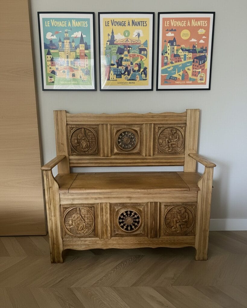 Banc breton en chêne restauré par aérogommage, avec un aspect naturel et lumineux à Vertou (44).