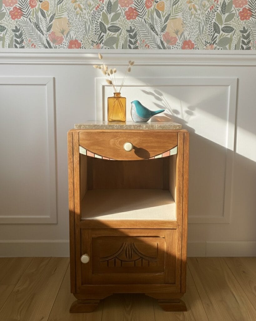 Chevet Art Déco rénové par aérogommage, bois mis à nu, plateau marbre poli. Réalisation Atlantique Aérogommage à Vertou.