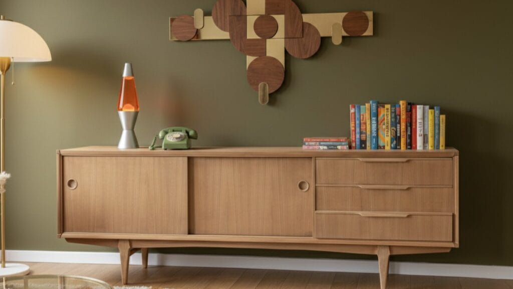 Buffet scandinave des années 60 restauré par aérogommage, montrant le bois clair et ses veines naturelles, dans un intérieur moderne.