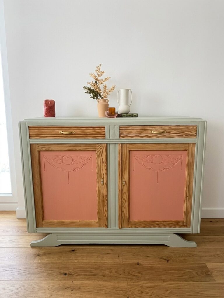 Buffet Art Déco en Pitchpin restauré par aérogommage, avec finitions vert tendre et corail, étagère rose.