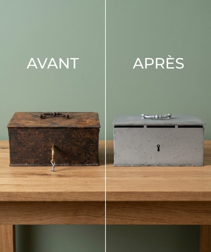 Boîte en métal rouillée avant et après aérogommage, retrouvant son aspect d'origine grâce à un décapage doux et écologique à Vertou.