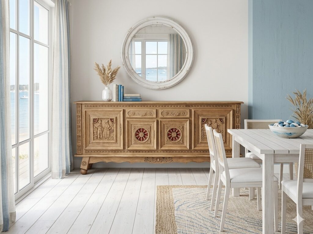 Bahut breton en chêne massif après rénovation par aérogommage, le bois clair est mis en valeur par une finition cirée naturelle. — photo 6