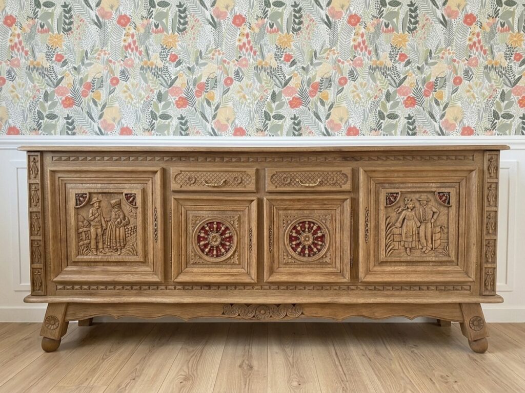 Bahut breton en chêne massif après rénovation par aérogommage, le bois clair est mis en valeur par une finition cirée naturelle.