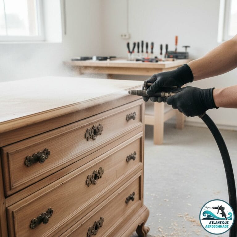 Artisan aerogommeuse travaillant avec precision sur les moulures d une commode ancienne en merisier dans son atelier