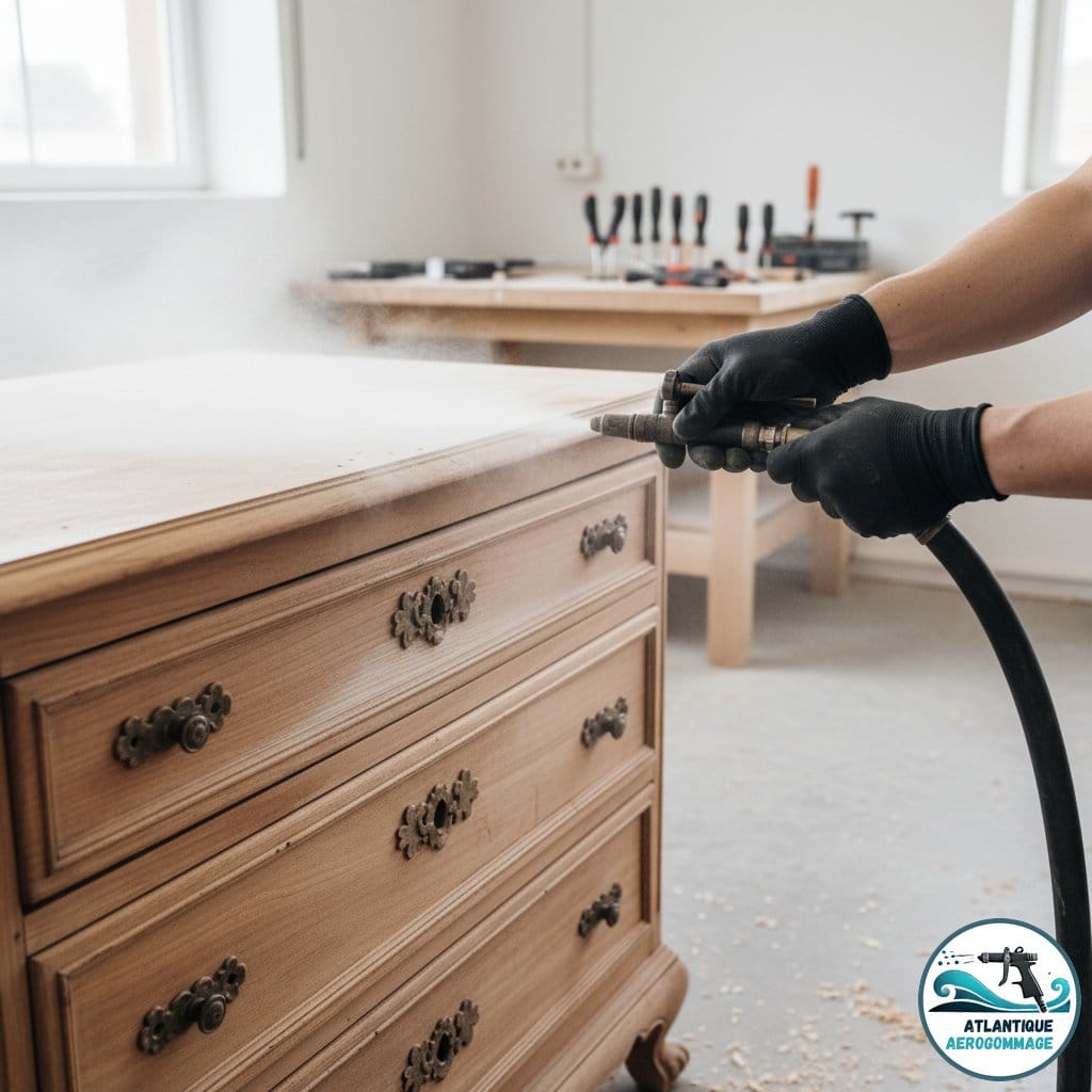 Artisan aerogommeuse travaillant avec precision sur les moulures d une commode ancienne en merisier dans son atelier