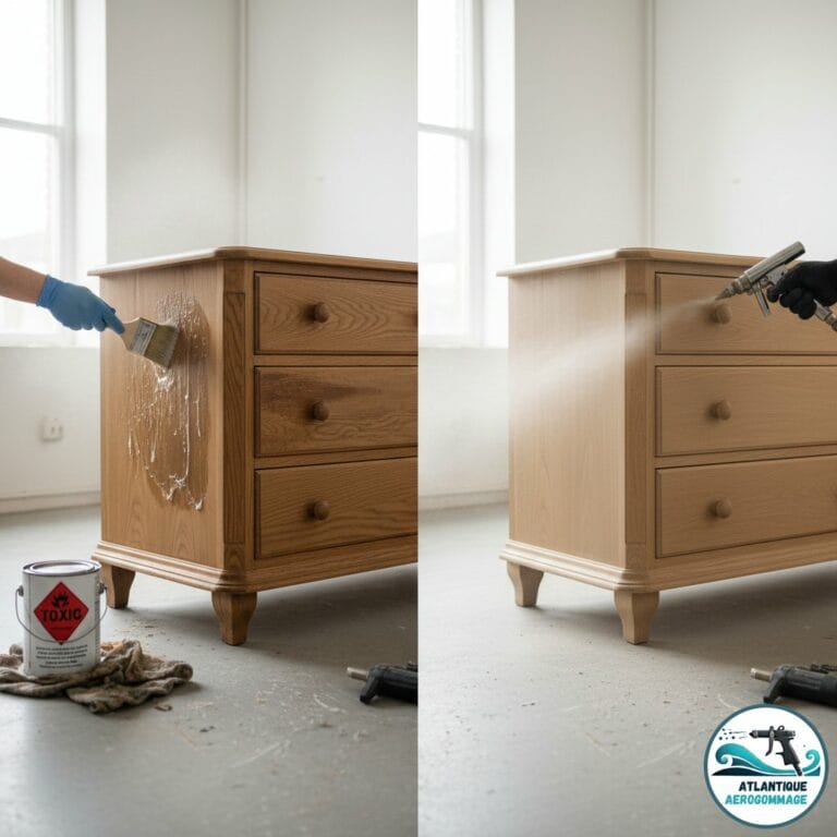 Comparaison decapage chimique avec produit toxique versus aerogommage ecologique sur une commode en chene