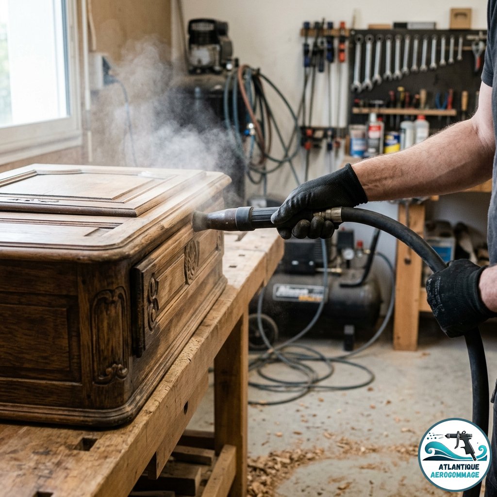 Entreprise aerogommage Loire-Atlantique : artisan au travail dans son atelier de Vertou