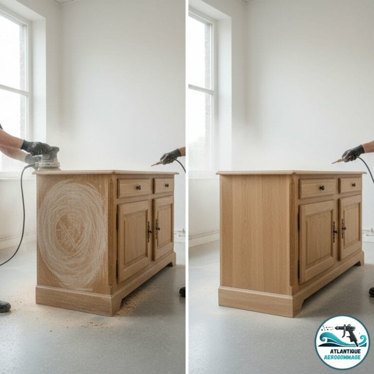 Comparatif poncage electrique versus aerogommage sur un buffet ancien en chene - difference de resultat et de prix
