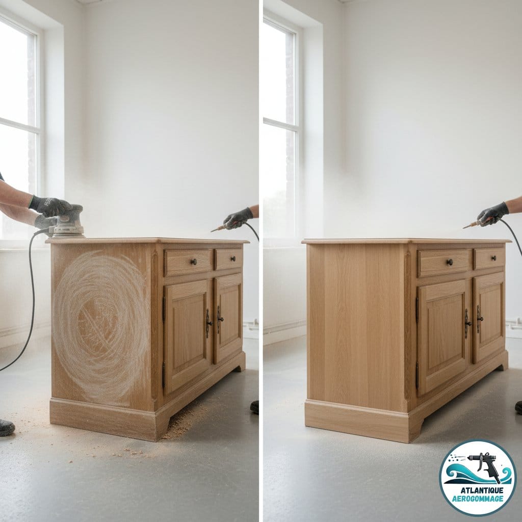 Comparatif poncage electrique versus aerogommage sur un buffet ancien en chene - difference de resultat et de prix