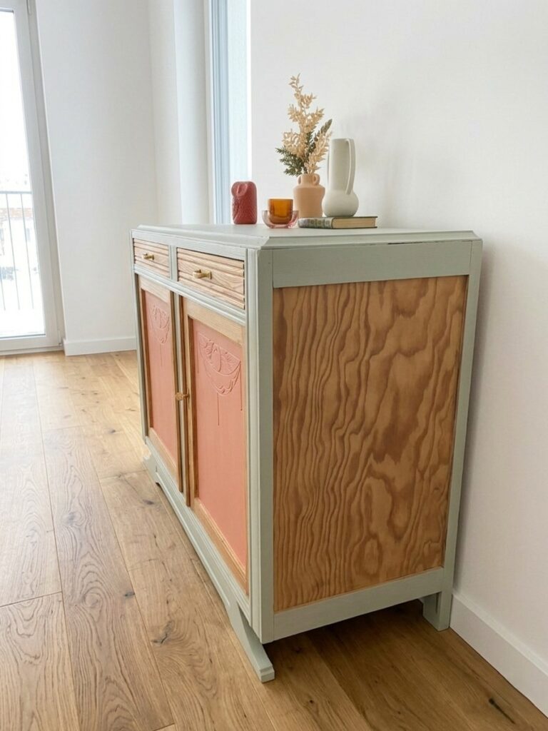 Buffet Art Déco en pitchpin restauré par aérogommage, avec des portes peintes en vert tendre et corail. — photo 2