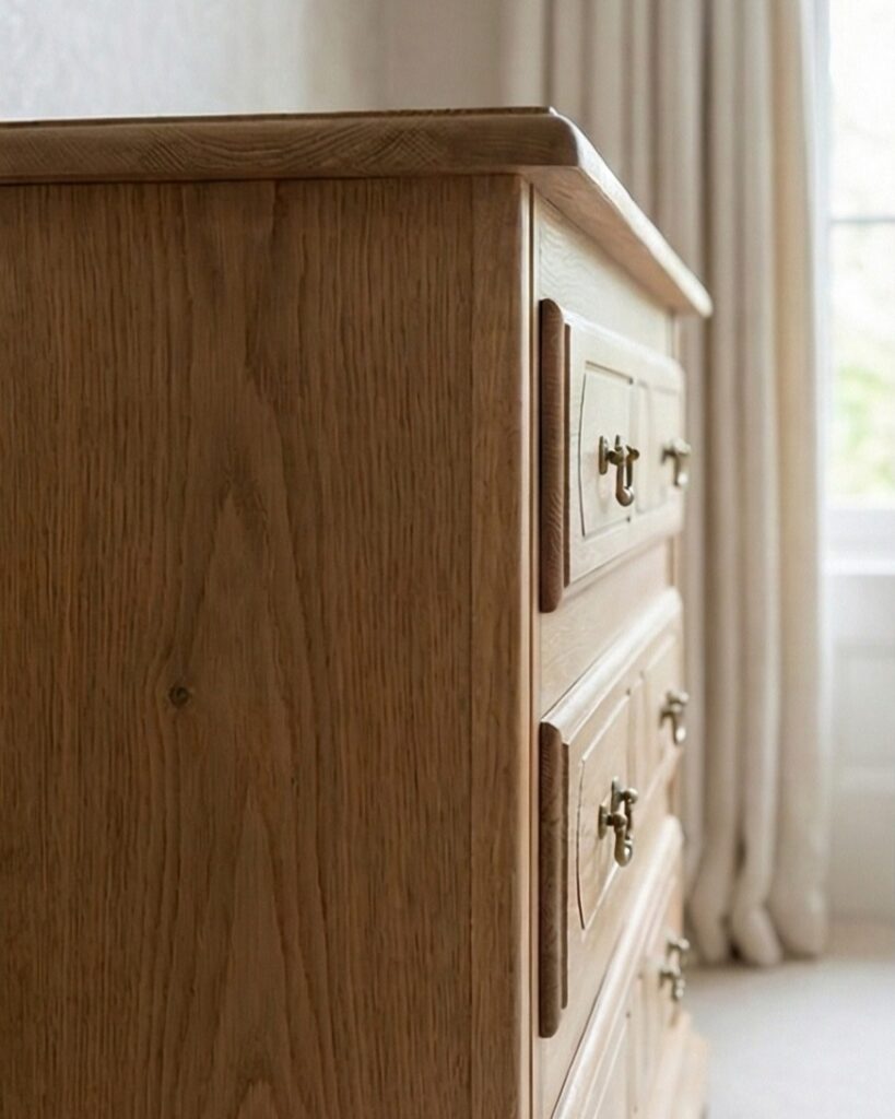 Commode en chêne massif rénovée par aérogommage, montrant son bois naturel clair et son veinage sublimé par un vernis incolore satiné. — photo 5