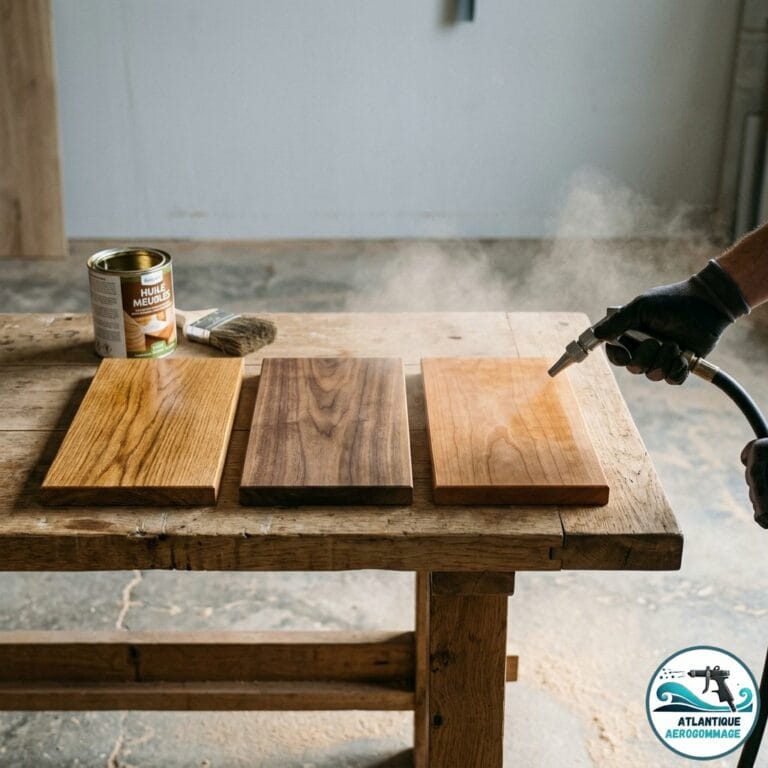 Trois finitions après aérogommage : huile, cire et vernis sur échantillons de bois