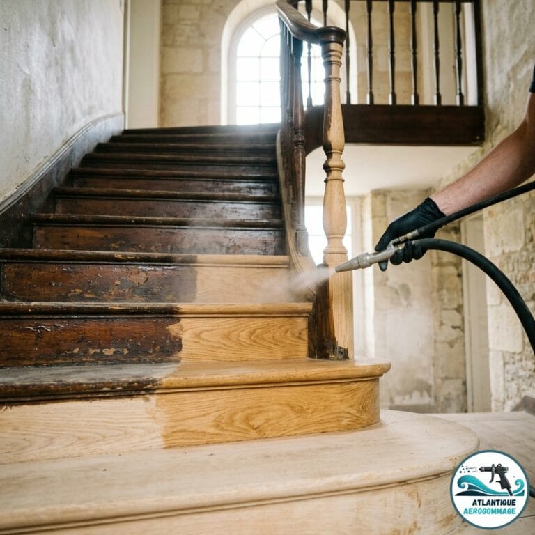 Décapage escalier tournant en chêne par aérogommage — avant après