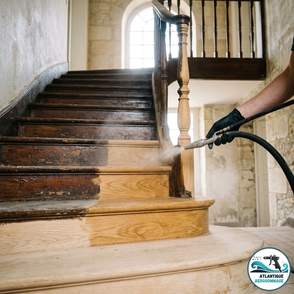 Décapage escalier tournant en chêne par aérogommage — avant après