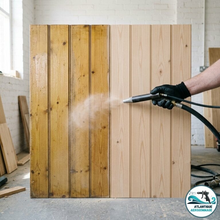 Aérogommage lambris en pin — vernis miel des années 80 vs bois clair décapé