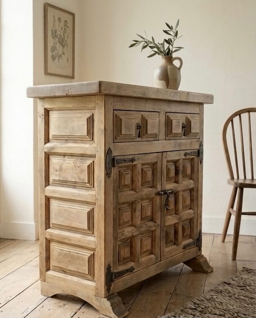 Buffet ancien en hêtre massif de style brutaliste, restauré avec un retour au bois brut après aérogommage par notre atelier de Nantes. — photo 3