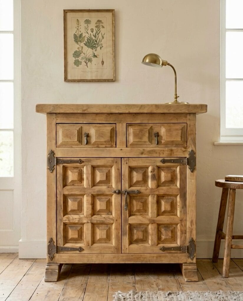 Buffet ancien en hêtre massif de style brutaliste, restauré avec un retour au bois brut après aérogommage par notre atelier de Nantes.