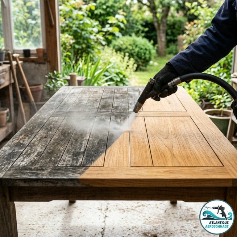 Table de jardin en teck — moitié grisée vs moitié décapée couleur miel-doré