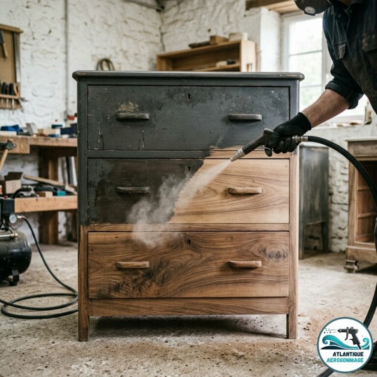 Commode ancienne peinte en gris — décapage progressif révélant le noyer