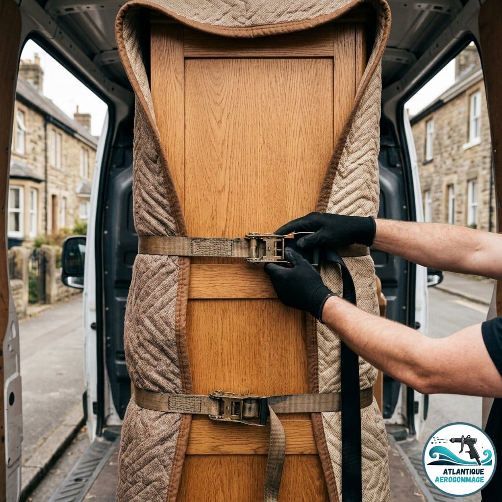 Transport meuble ancien — armoire chêne sanglée dans utilitaire
