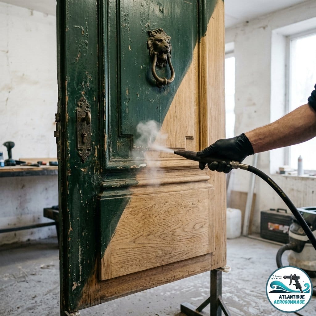 Restauration porte entrée chêne — moitié peinte vert foncé vs moitié décapée