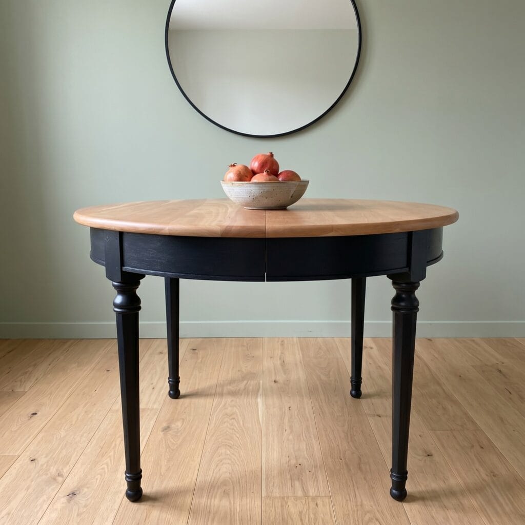 Table ronde en merisier rénovée avec plateau décapé par aérogommage et piètement peint en noir mat. Style moderne et chaleureux. — photo 2