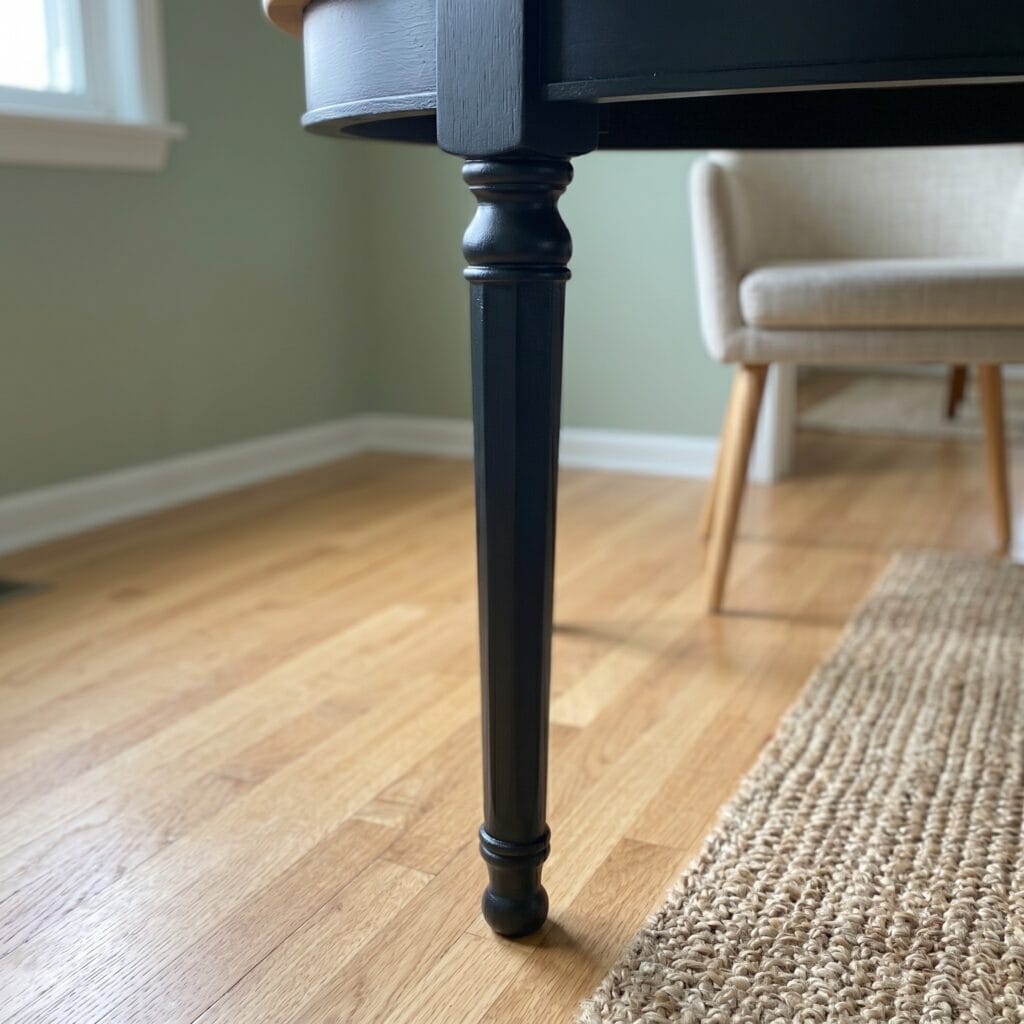 Table ronde en merisier rénovée avec plateau décapé par aérogommage et piètement peint en noir mat. Style moderne et chaleureux. — photo 4