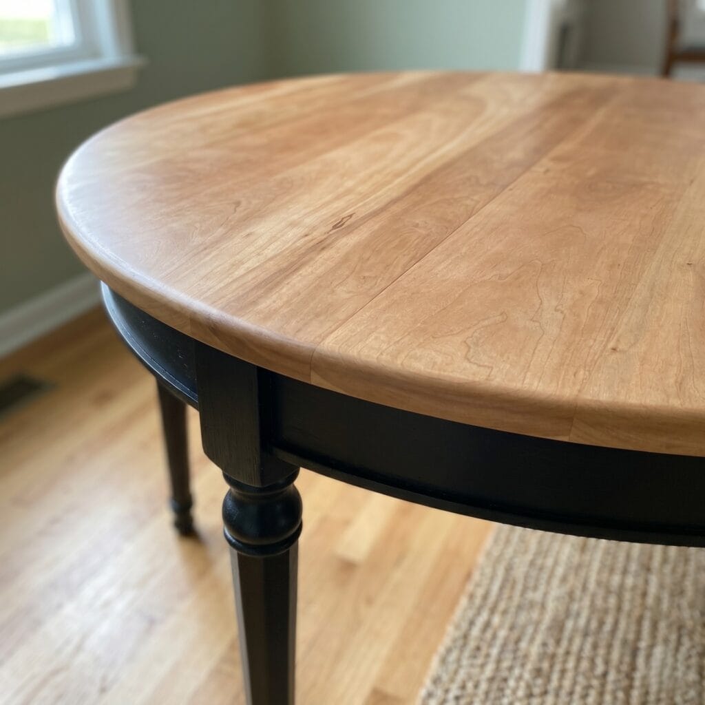 Table ronde en merisier rénovée avec plateau décapé par aérogommage et piètement peint en noir mat. Style moderne et chaleureux. — photo 3