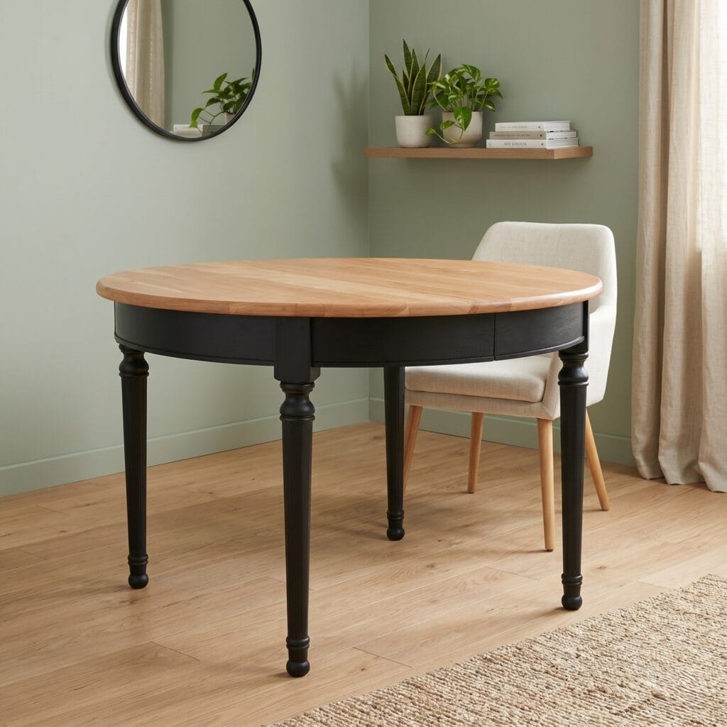 Table ronde en merisier rénovée avec plateau décapé par aérogommage et piètement peint en noir mat. Style moderne et chaleureux.