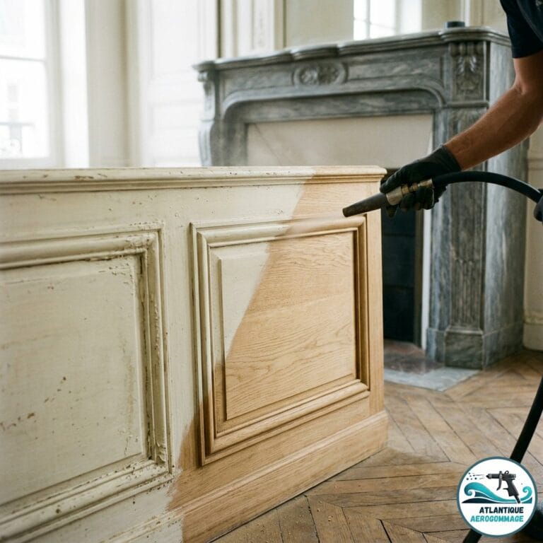Boiseries salon nantais — soubassement chêne moitié peint blanc vs moitié décapé