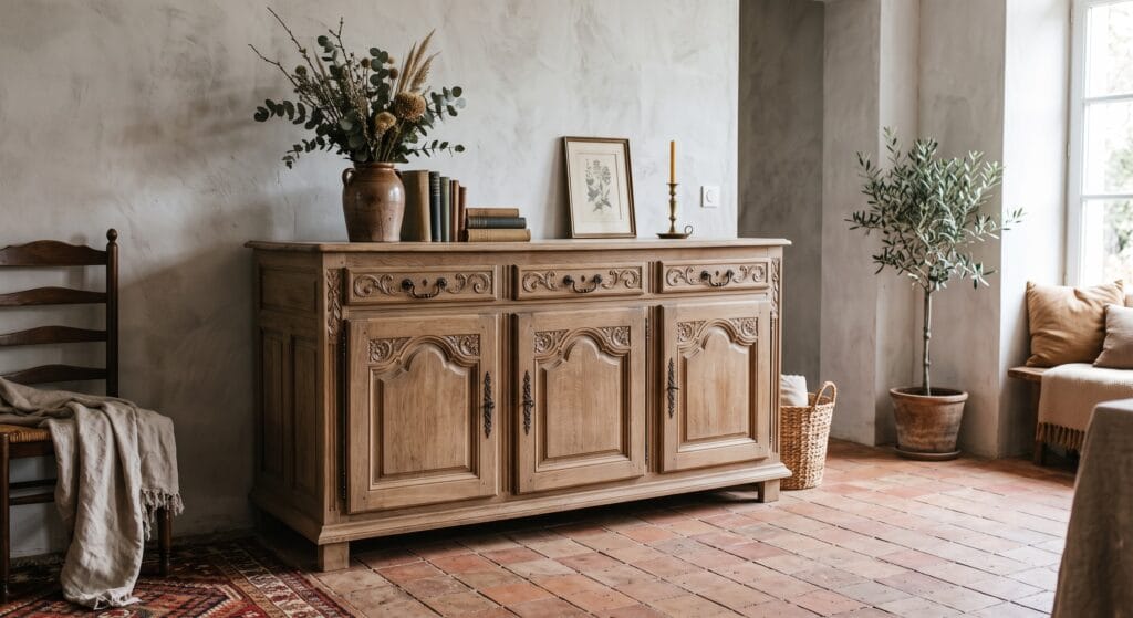 Buffet de famille en chêne massif après aérogommage, bois brut mis à nu, prêt pour une nouvelle finition dans notre atelier de Vertou. — photo 6