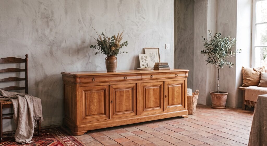 Buffet de famille en chêne massif après aérogommage, bois brut mis à nu, prêt pour une nouvelle finition dans notre atelier de Vertou. — photo 4