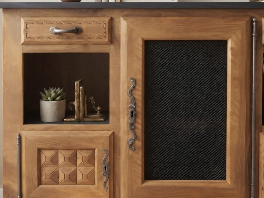Buffet Néo-Breton en noyer rénové, peint en noir mat avec une porte centrale en grillage noir pour un look industriel. — photo 3
