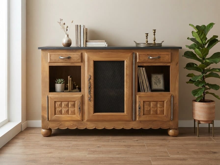 Buffet Néo-Breton en noyer rénové, peint en noir mat avec une porte centrale en grillage noir pour un look industriel.