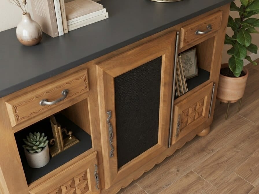 Buffet Néo-Breton en noyer rénové, peint en noir mat avec une porte centrale en grillage noir pour un look industriel. — photo 2